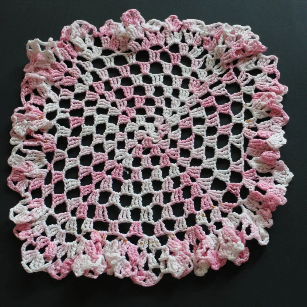 Vintage Handmade Pink and White Crochet Table Scarf